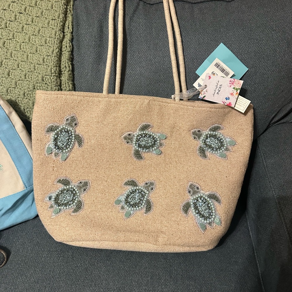 Beige Tote Bag with Turtle Design